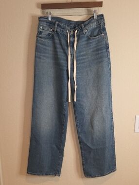 J. Crew Wide-Leg Jeans in Medium Blue with Cream Drawstring